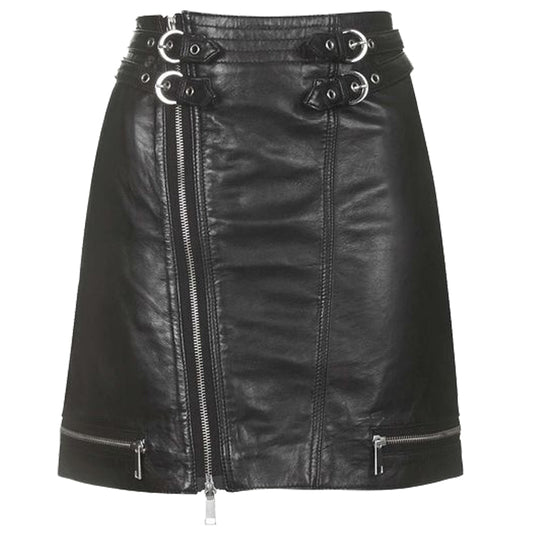 Women Dusk Black Leather Mini Skirt | Gothic Moto-Inspired Buckle Skirt