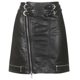 Women Dusk Black Leather Mini Skirt | Gothic Moto-Inspired Buckle Skirt