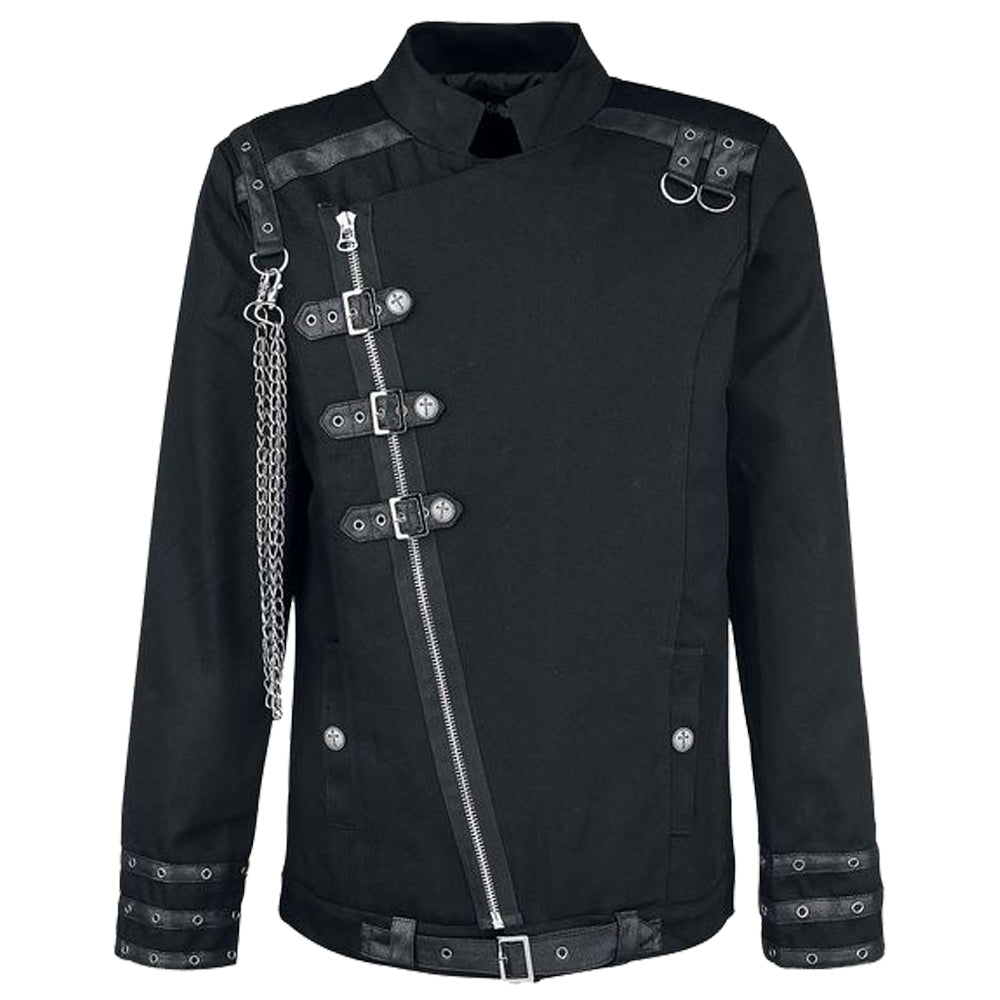 Men's Gothic Black Buckle & Chain Shirt | Long Sleeve Cotton Zipper Shirt