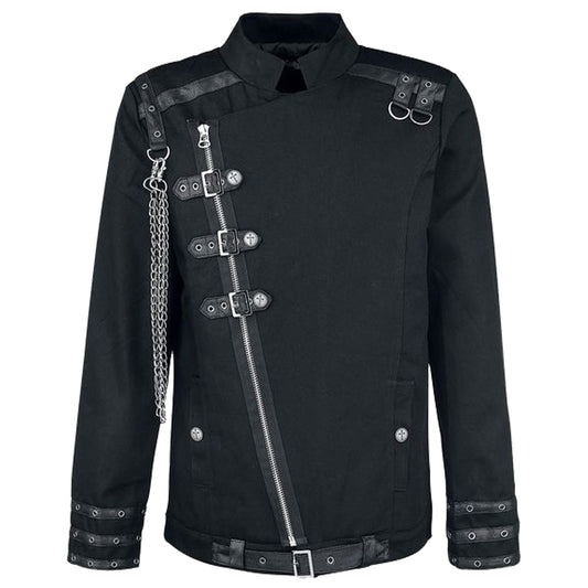 Men's Gothic Black Buckle & Chain Shirt | Long Sleeve Cotton Zipper Shirt