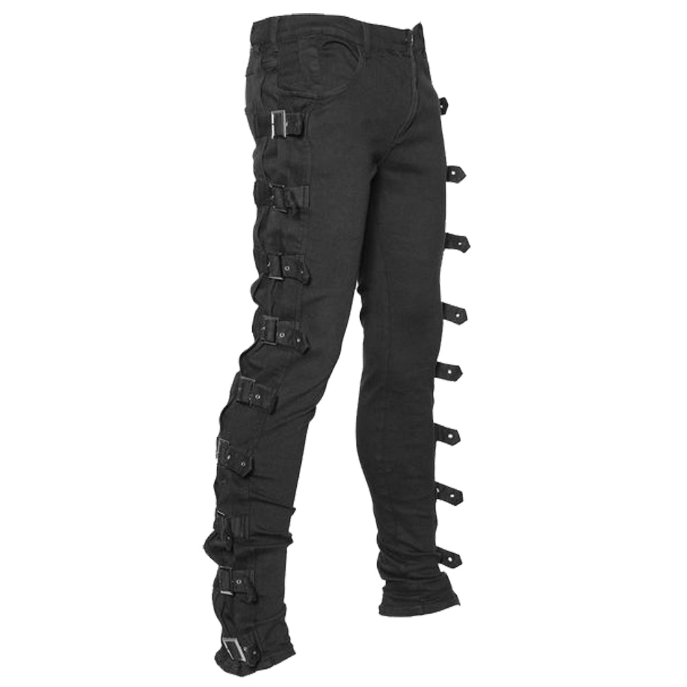 Men Black Gothic Buckle Pants | High Waist Cotton Trousers with Side Straps & Laces