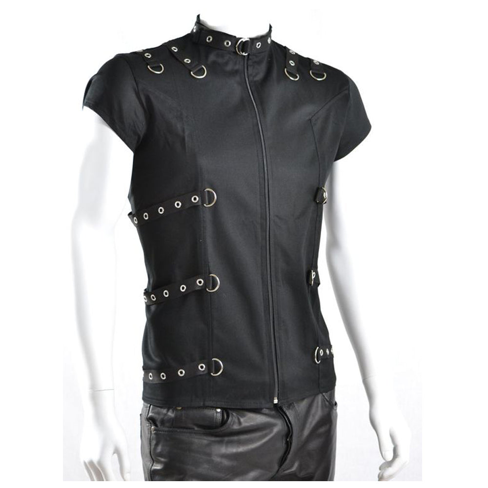 Men Gothic Black D-Ring Bondage Shirt | Short Sleeve Fetish Style Top