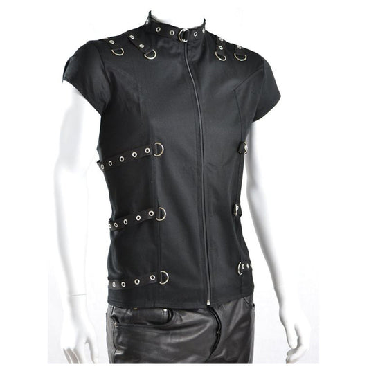 Men Gothic Black D-Ring Bondage Shirt | Short Sleeve Fetish Style Top