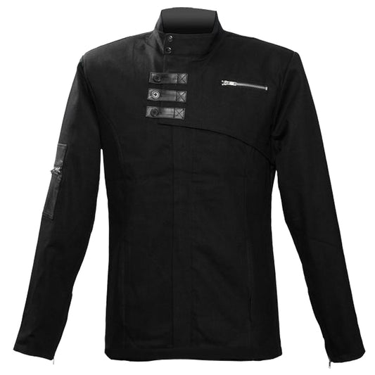 Men Gothic Black Cotton Shirt | Army Officer &amp; Victorian Hybrid Design with Strap & Zip Front