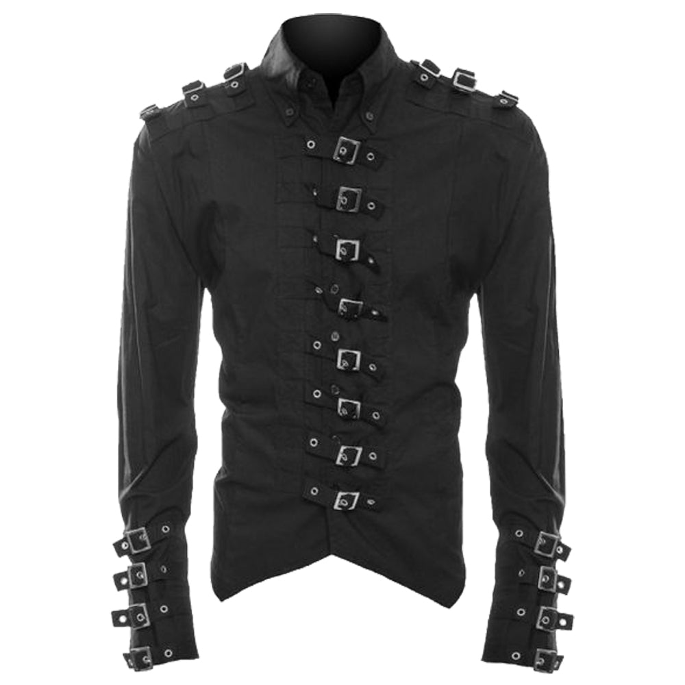 Men Gothic Black Buckle Shirt | Cotton Brocade Steampunk Style Top Shirt