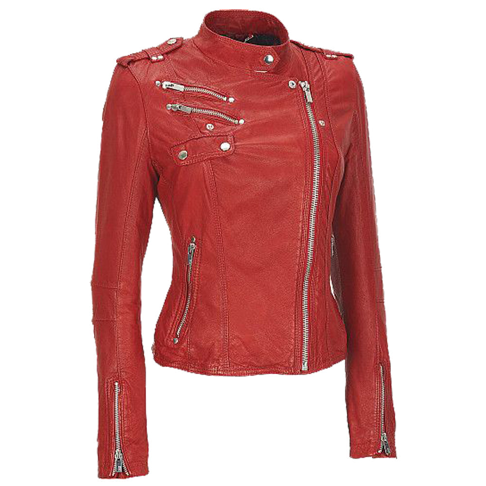 Women Red Leather Biker Jacket | Slim Fit Genuine Leather with Velvet Lining