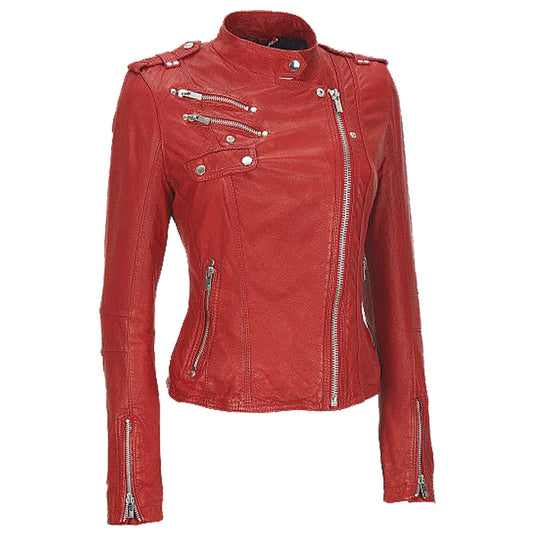 Women Red Leather Biker Jacket | Slim Fit Genuine Leather with Velvet Lining