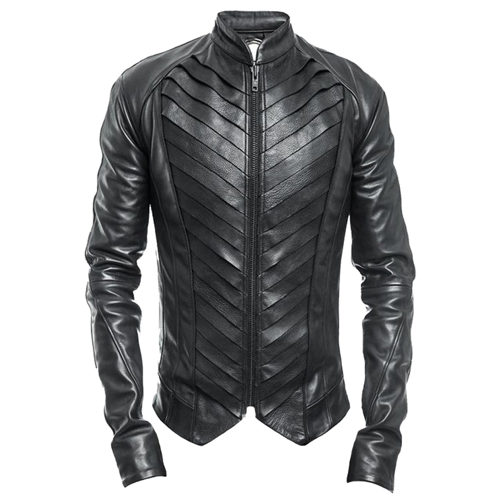 Men Genuine Black Leather Gothic Jacket | Delusion Splice Design for Bold Streetwear
