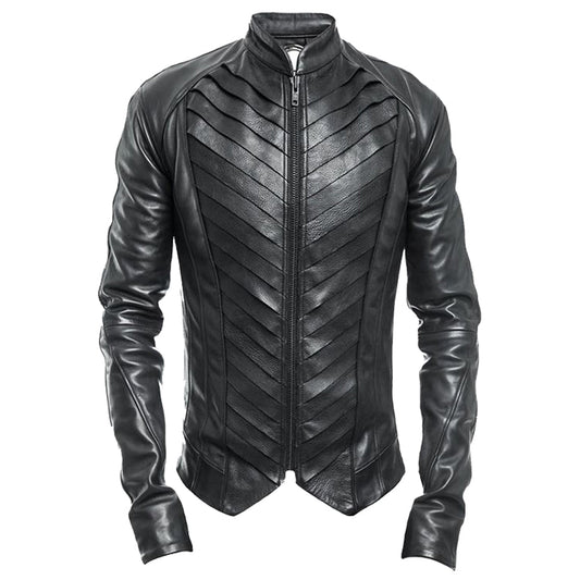 Men Genuine Black Leather Gothic Jacket | Delusion Splice Design for Bold Streetwear