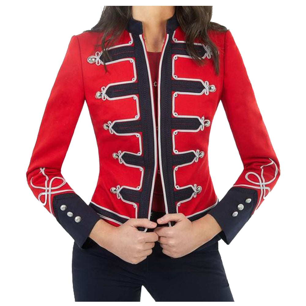 Women Gothic Red & Black Military Officer Jacket | Wool Hussar Style with Epaulettes