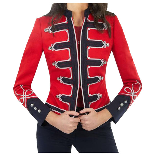 Women Gothic Red & Black Military Officer Jacket | Wool Hussar Style with Epaulettes