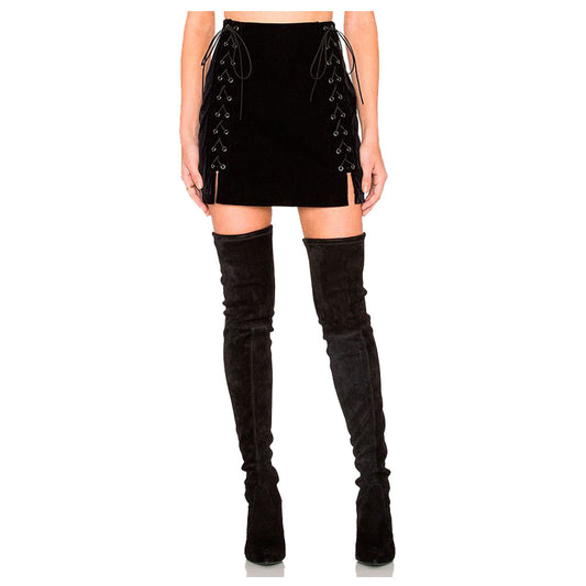 Women Gothic Mini Laces Skirt | High-Waist Leather Skirt with Belt Straps