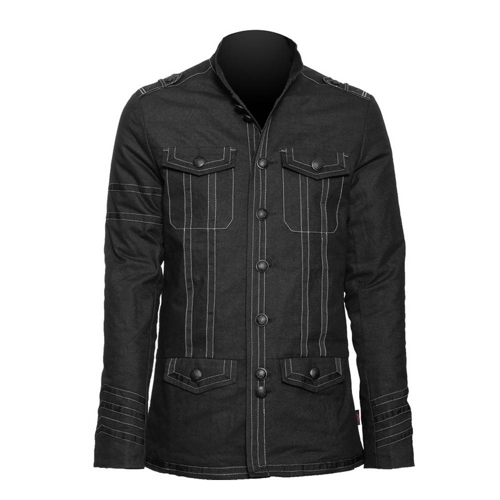 Men Gothic Army Jacket | Black Cotton Officer Coat with Ornamental Stitching & Rank Stripes