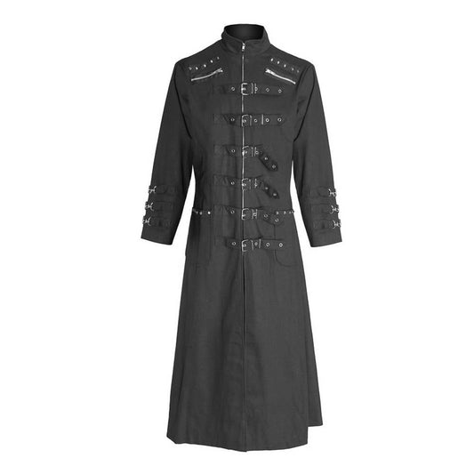 Psycho Guard Gothic Long Coat | Industrial Trench with Rivets, Buckles & Tactical Zippers