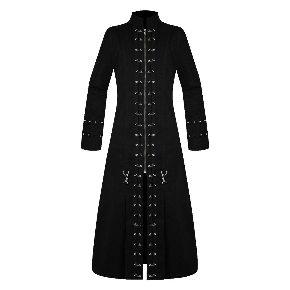 Gothic Vampire Pins Head Trench Coat | Dark Punk Style with Buckle & Pin Details