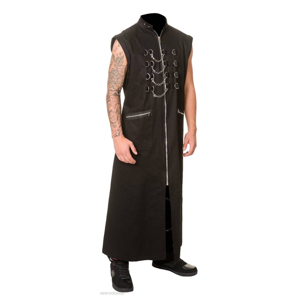 Men Gothic Hellraiser Pinhead Long Coat | Punk Chains & D-Rings Full-Length Trench Coat