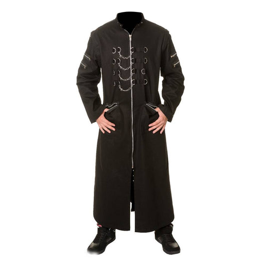 Men Gothic Hellraiser Pinhead Long Coat | Punk Chains & D-Rings Full-Length Trench Coat