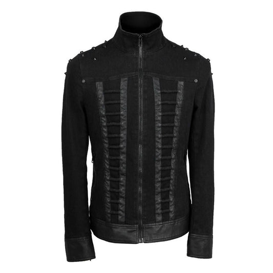 Men Punk Closed Neck Jacket | Gothic Military Zip-Up Coat with Studded Accents