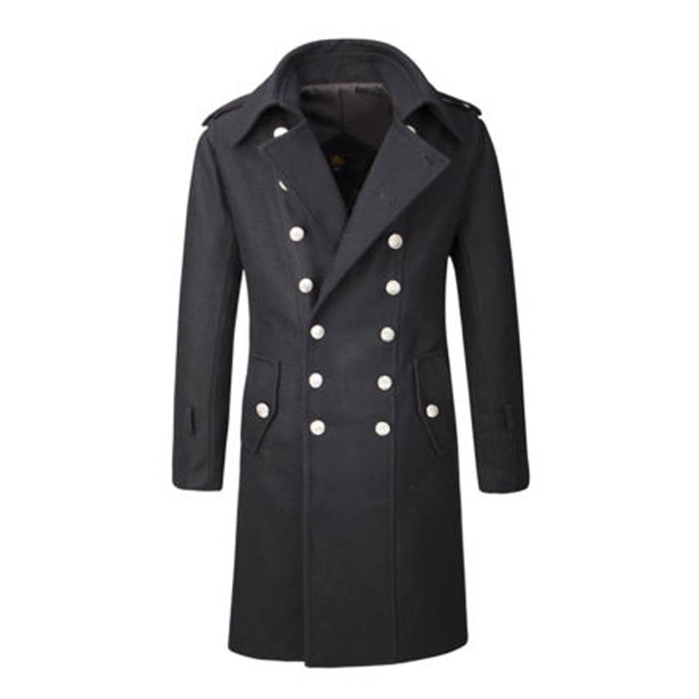 Men Gothic Military Double-Breasted Trench Coat | Black Wool Overcoat with Steampunk Elegance