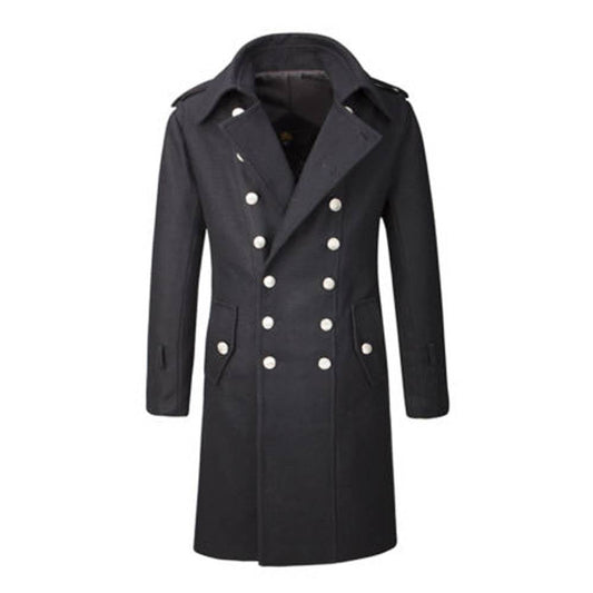 Men Gothic Military Double-Breasted Trench Coat | Black Wool Overcoat with Steampunk Elegance