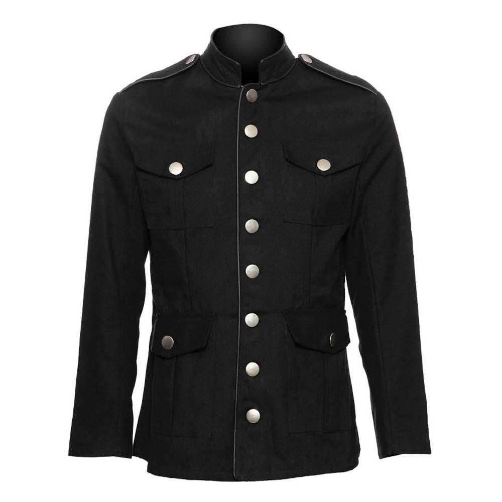 Men Victorian Military Officer Jacket | Gothic Black Tailored Coat with Silver Buttons