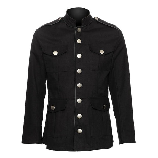 Men Victorian Military Officer Jacket | Gothic Black Tailored Coat with Silver Buttons