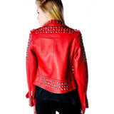 Women Red Leather Jacket Silver Studded Genuine Leather Jacket with Bold Stylish Design - Alternative Gothic Dark Wear | Embrace Dark Aesthetic Men & Women Gothic Clothing
