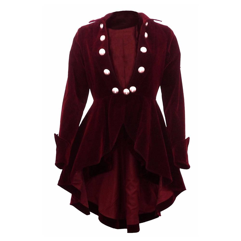 Victorian Burgundy Velvet Ruffle Coat | Women Gothic Red Frock Jacket