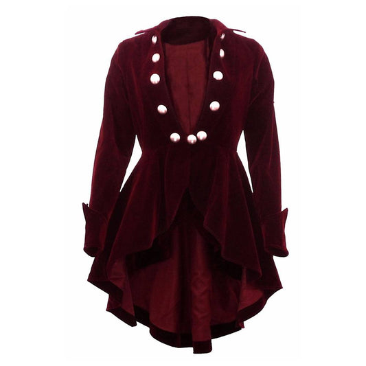 Victorian Burgundy Velvet Ruffle Coat | Women Gothic Red Frock Jacket