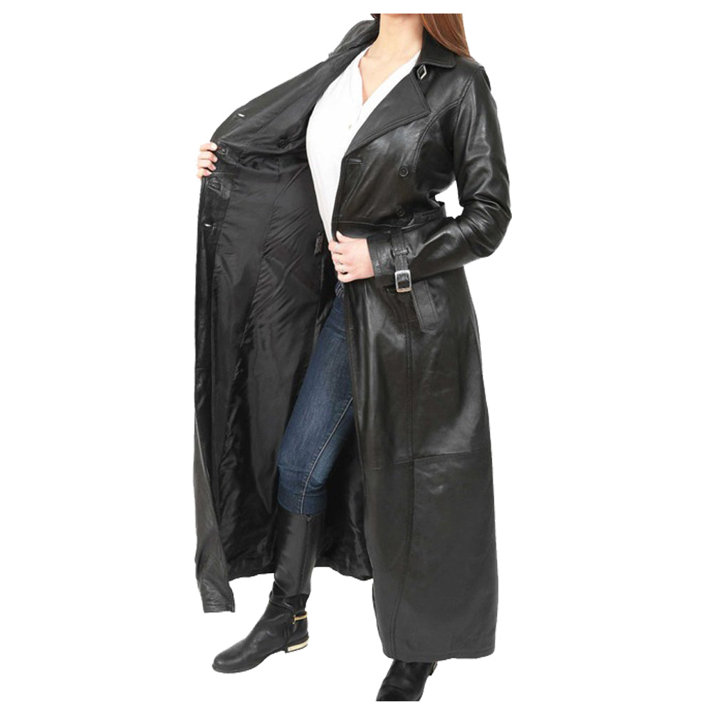 New Women Gothic Long Black Leather Coat Double Breasted Trench Coat - Alternative Gothic Dark Wear | Embrace Dark Aesthetic Men & Women Gothic Clothing