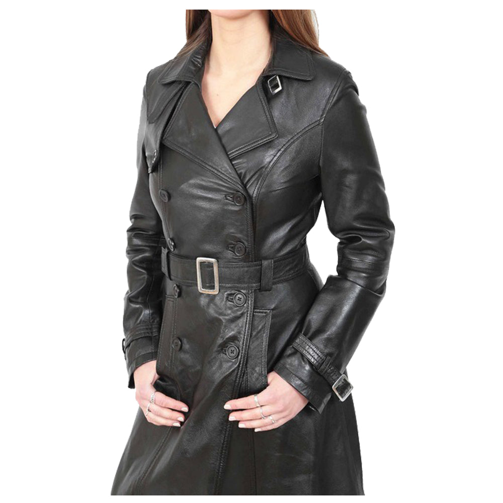 New Women Gothic Long Black Leather Coat Double Breasted Trench Coat - Alternative Gothic Dark Wear | Embrace Dark Aesthetic Men & Women Gothic Clothing