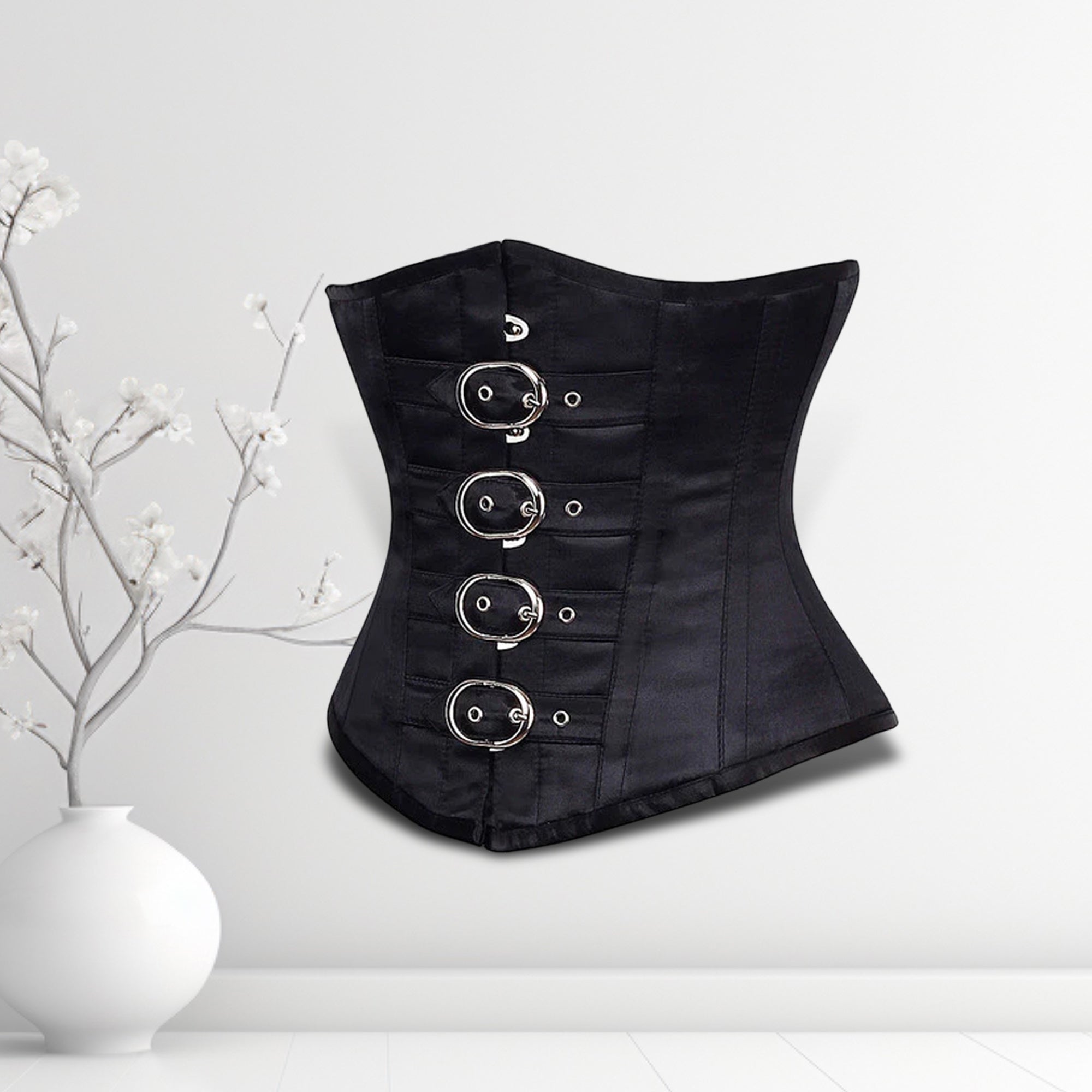 Alissa Black Satin Underbust Corset Sleek Waist Sculptor Buckle Style - Alternative Gothic Dark Wear | Embrace Dark Aesthetic Men & Women Gothic Clothing