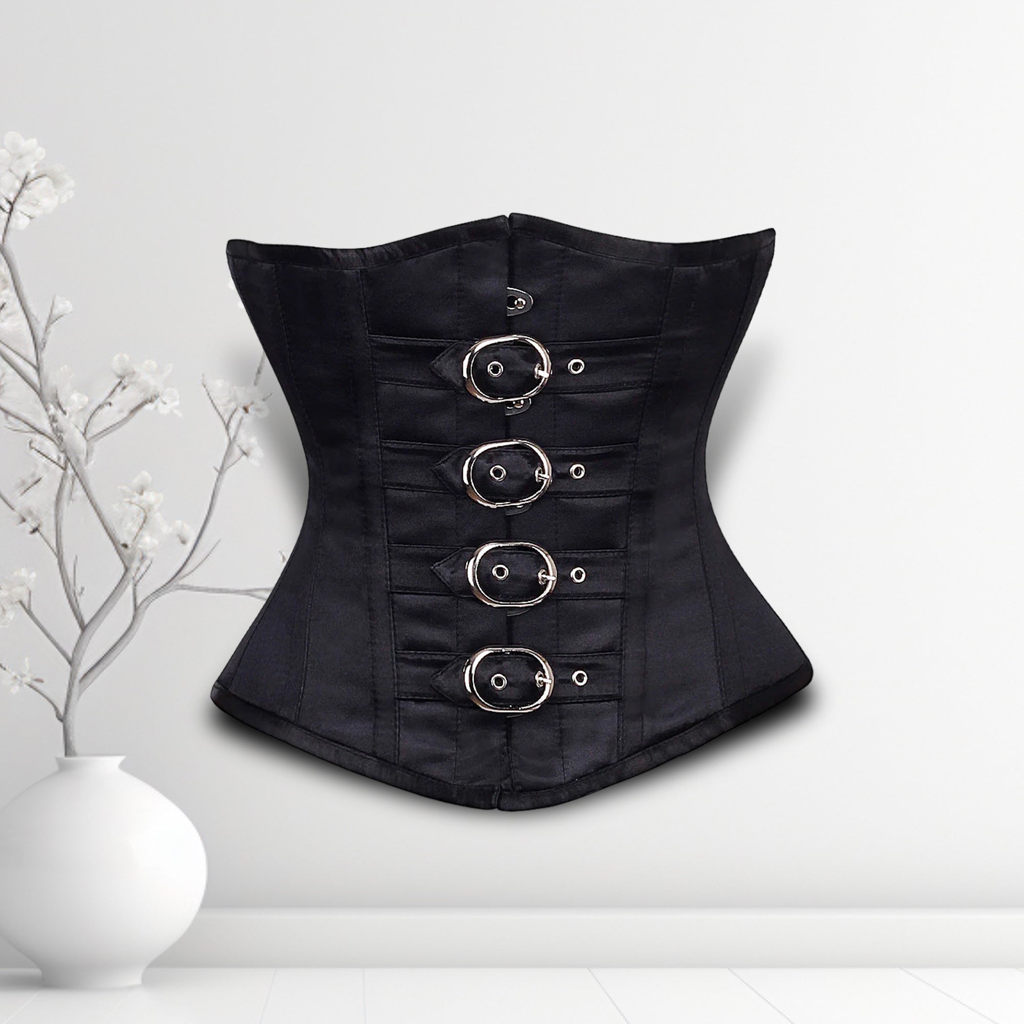 Alissa Black Satin Underbust Corset Sleek Waist Sculptor Buckle Style - Alternative Gothic Dark Wear | Embrace Dark Aesthetic Men & Women Gothic Clothing