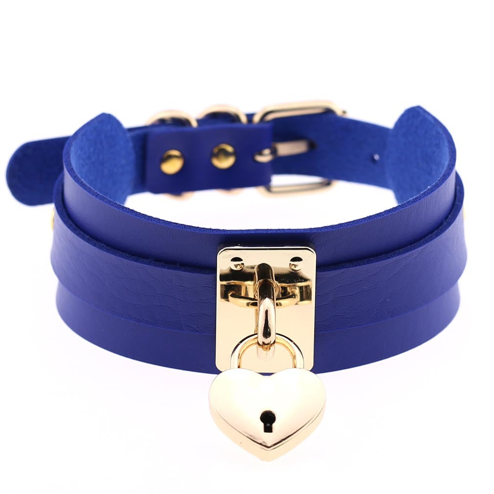 Neo Gothic Heart Metal Lock Double Layer PU Leather Pendant Necklace Punk Wrist Chokers Necklace Wrap Jewelry Adjustable Size
