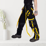 Men High Waist Gothic Cargo Pants | Baggy Tripp Style Cyber Goth Pant with Buckle and Strap