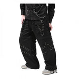 Men Gothic Bondage Cyber Trousers | Zip-Off Baggy Cargo Pants with Chain and Rivet