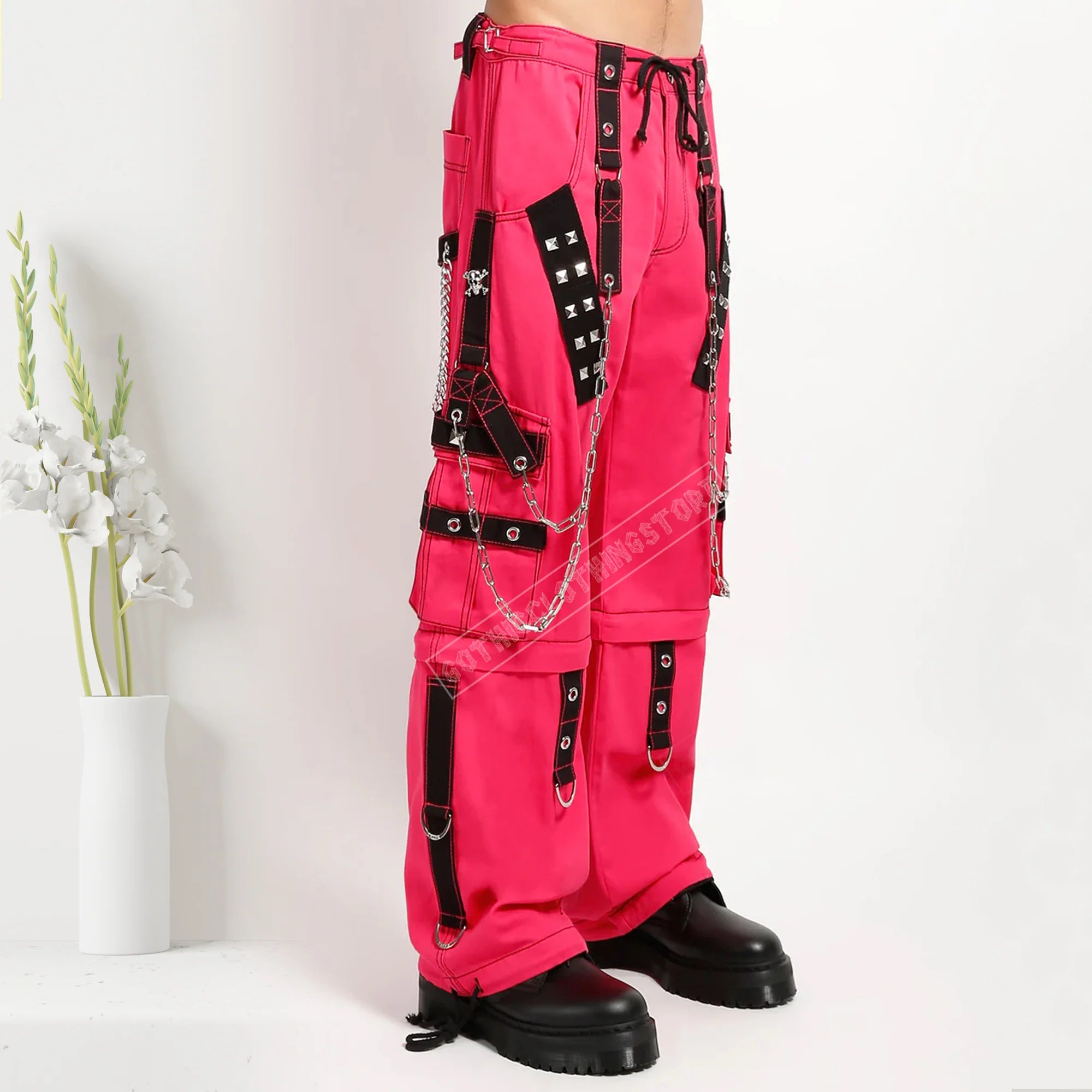 Men Gothic Bondage Pants | Black Punk Rock Tripp Style Trouser with Zipper Chain Strap Transformer Pant