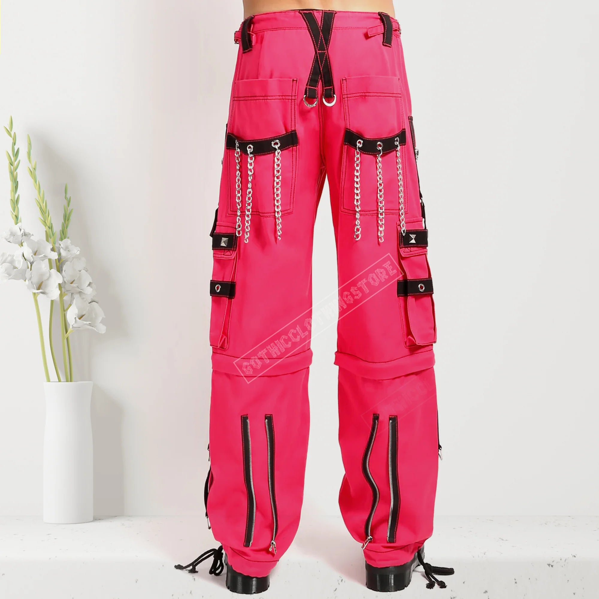 Men Gothic Bondage Pants | Black Punk Rock Tripp Style Trouser with Zipper Chain Strap Transformer Pant