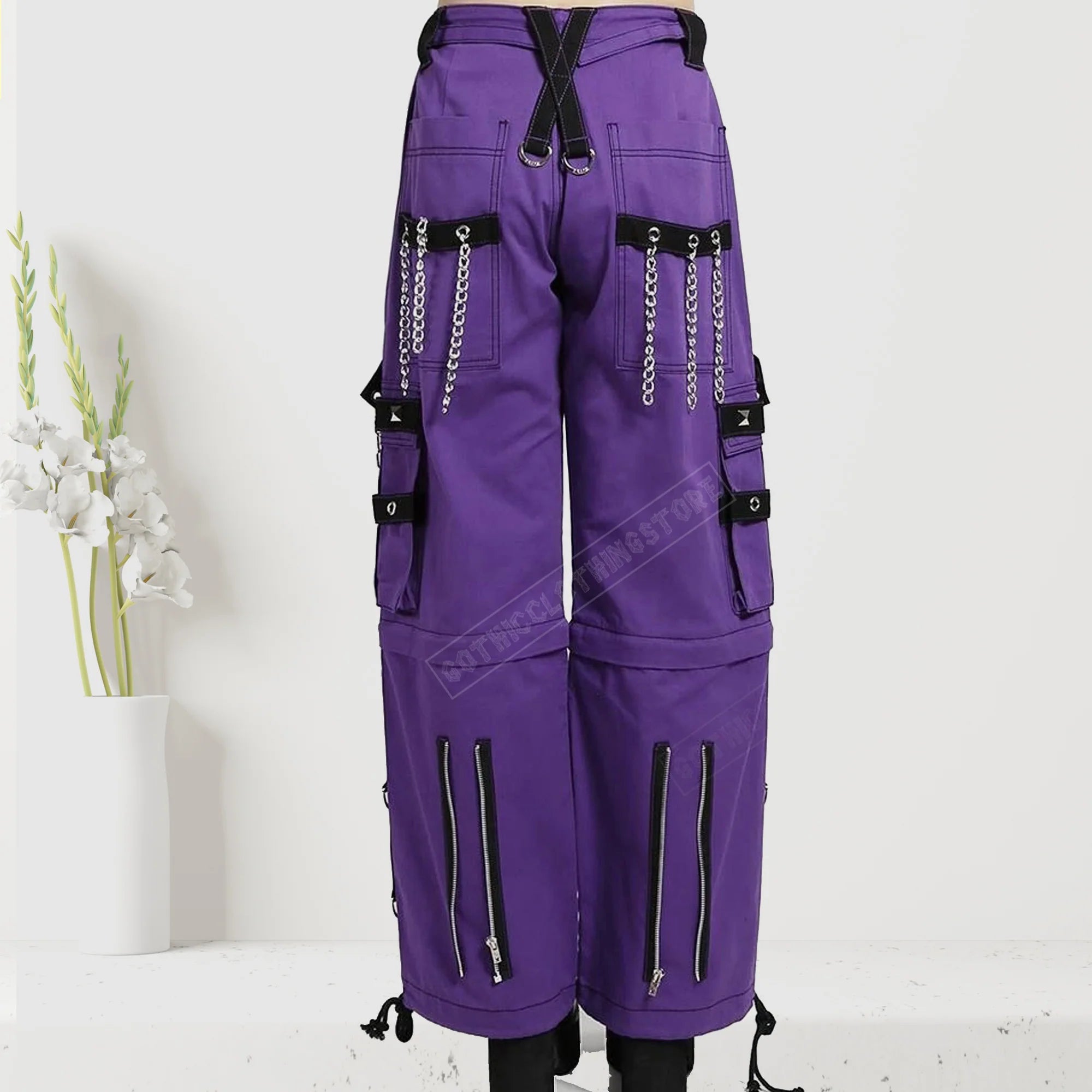 Men Gothic Bondage Pants | Black Punk Rock Tripp Style Trouser with Zipper Chain Strap Transformer Pant