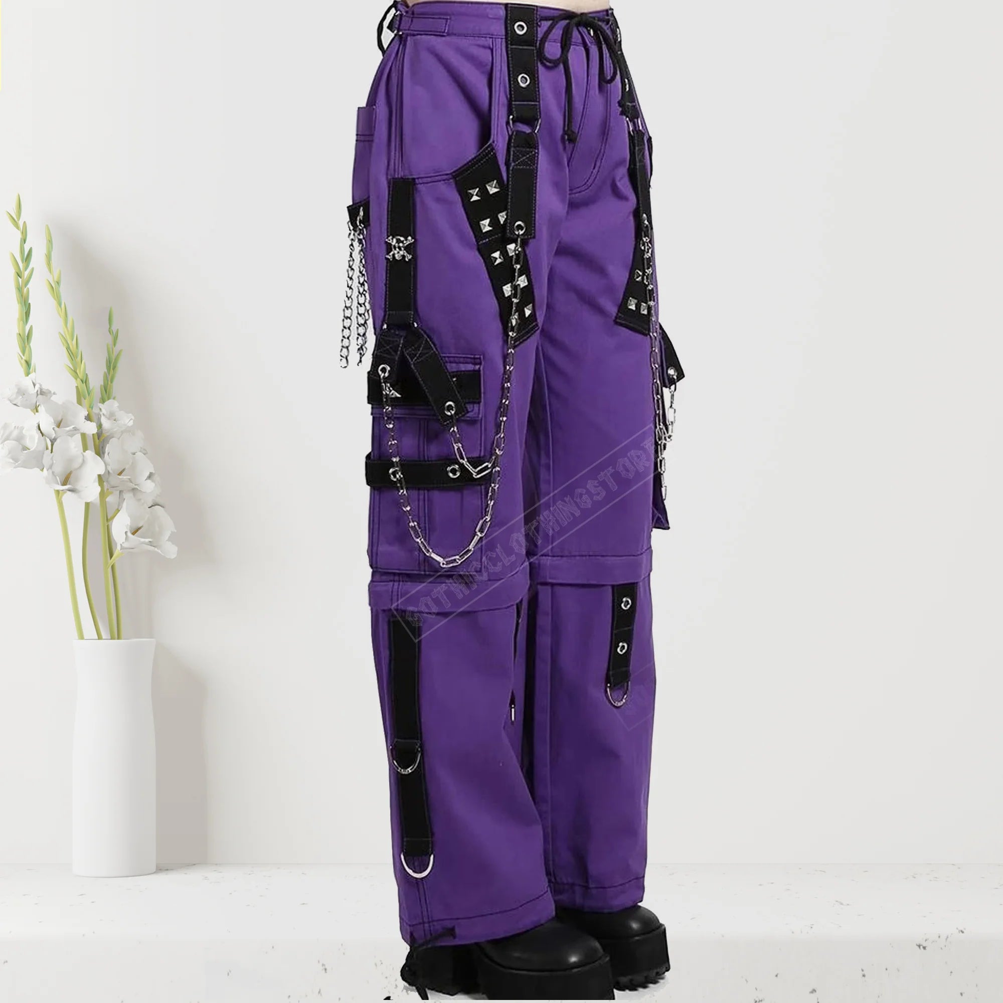 Men Gothic Bondage Pants | Black Punk Rock Tripp Style Trouser with Zipper Chain Strap Transformer Pant