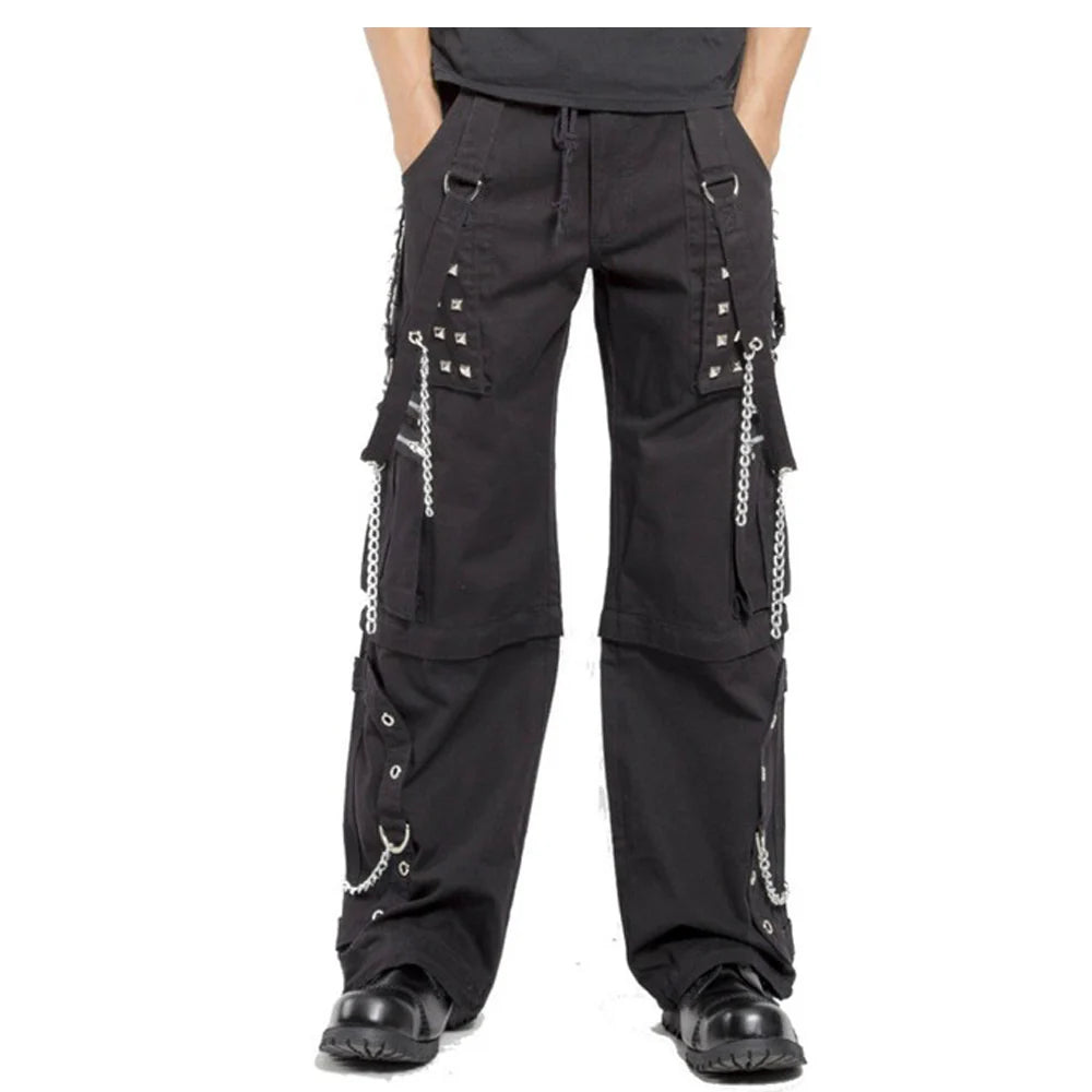 Men Gothic Bondage Pants | Punk Rock Zip-Off Short with Chain and Stud