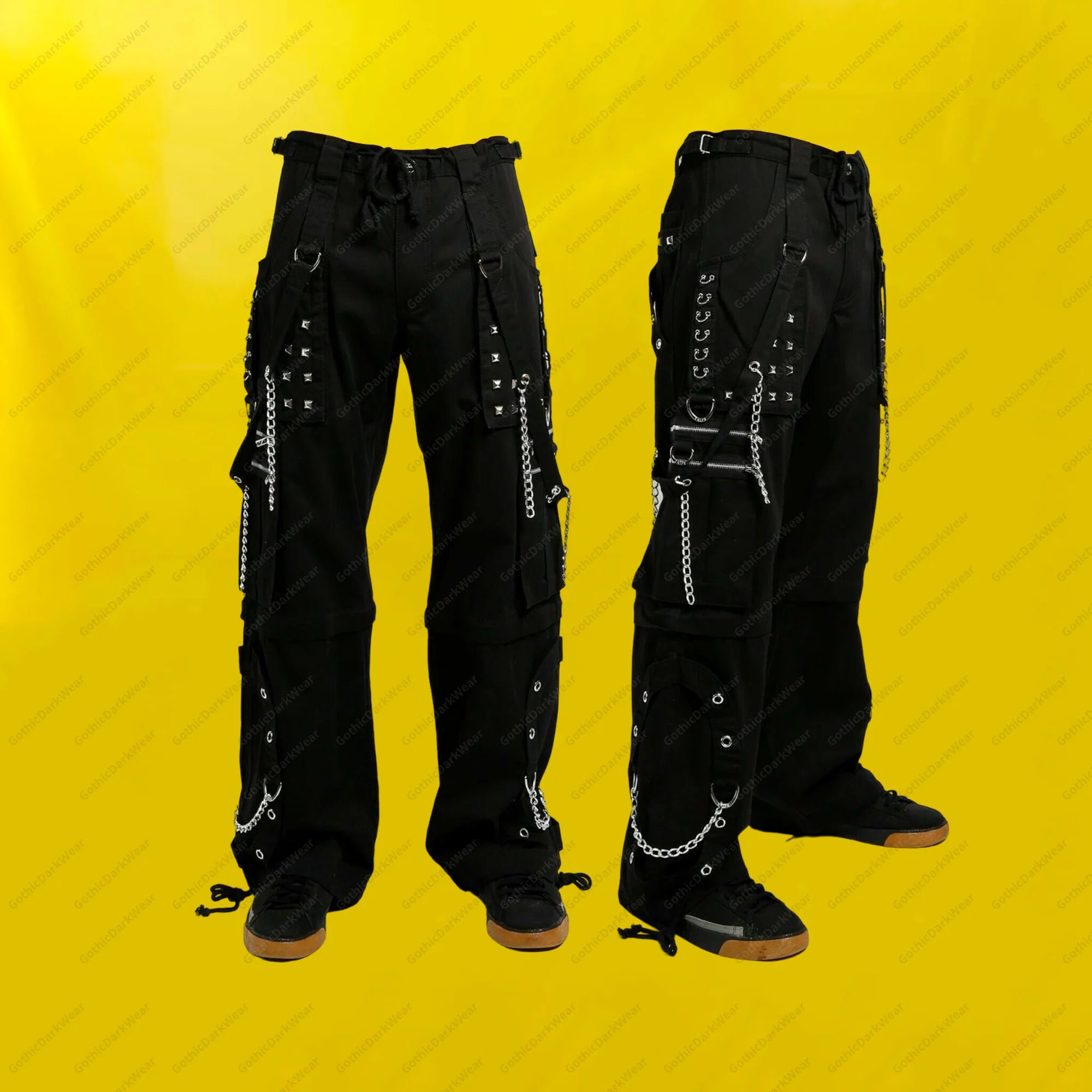 Men Black Gothic Cargo Pants | Studded Bondage Pant with D-Ring and Zipper