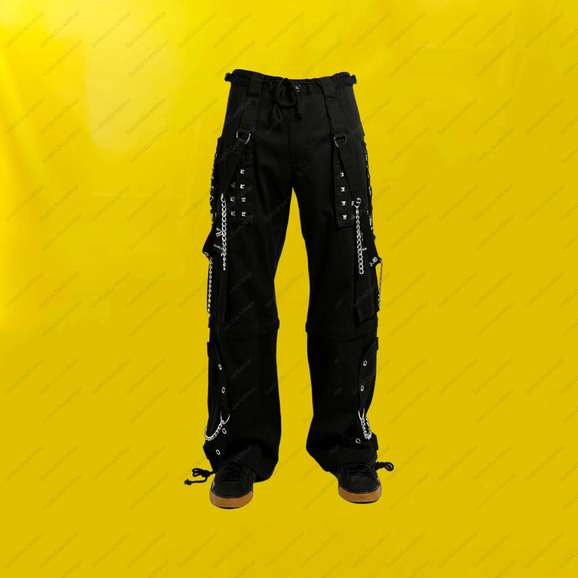 Men Black Gothic Cargo Pants | Studded Bondage Pant with D-Ring and Zipper