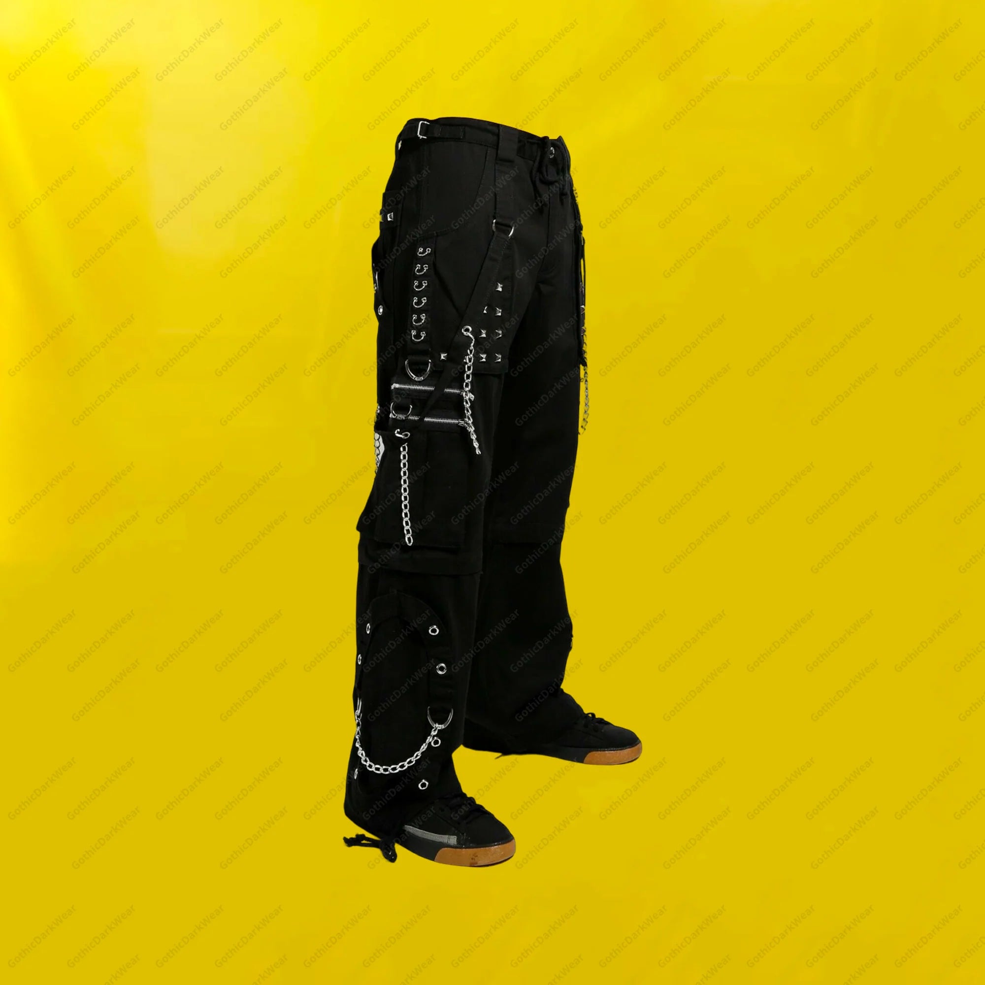 Men Black Gothic Cargo Pants | Studded Bondage Pant with D-Ring and Zipper