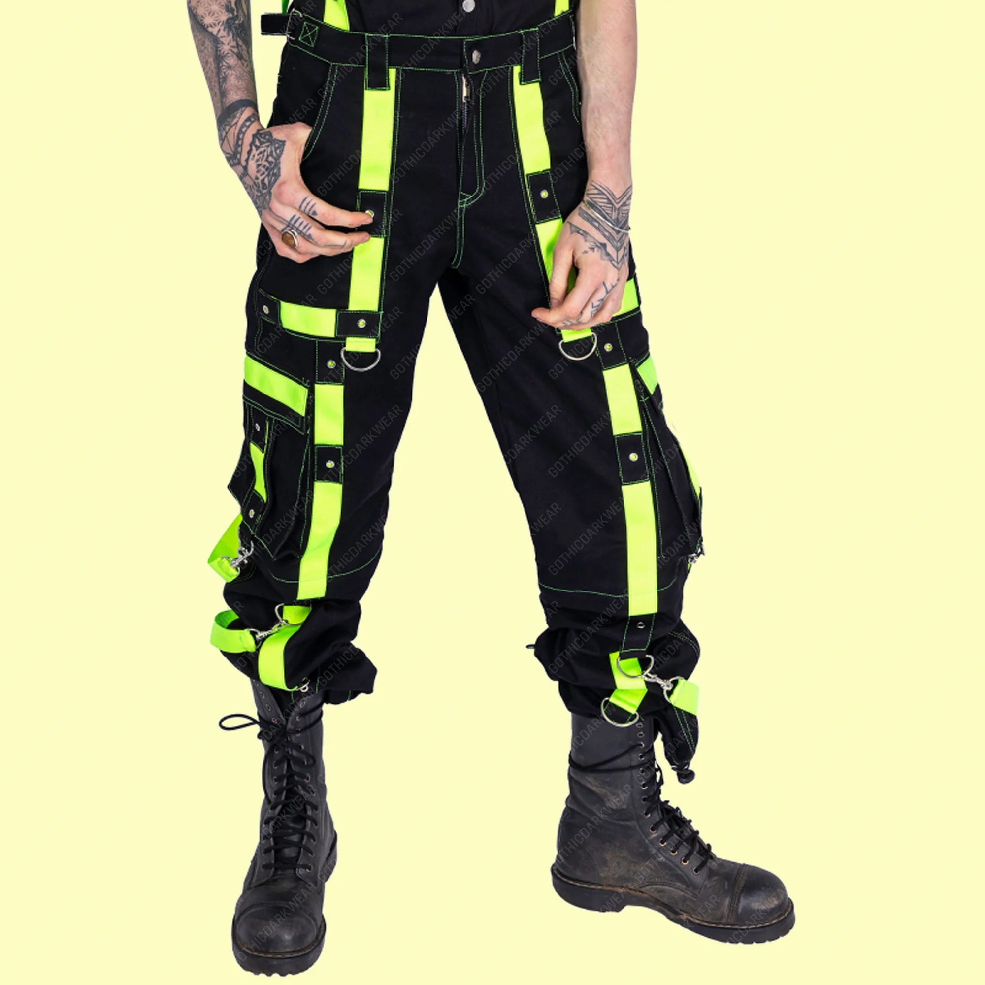 Men Gothic Black Cargo Trip Pants | Eternal Cyber Goth Pant with Buckle Strap and D-Ring Hook