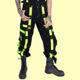 Men Gothic Black Cargo Trip Pants | Eternal Cyber Goth Pant with Buckle Strap and D-Ring Hook