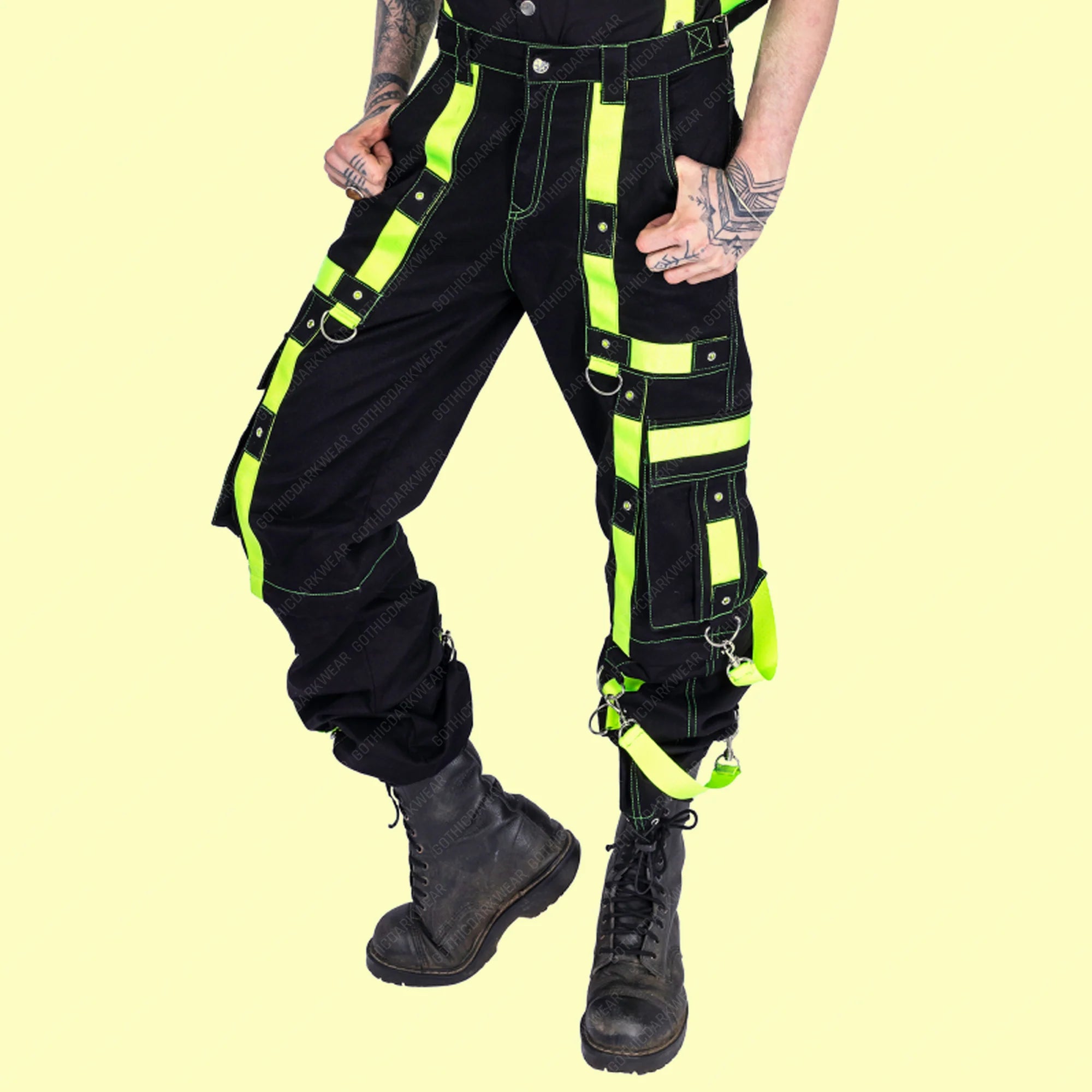 Men Gothic Black Cargo Trip Pants | Eternal Cyber Goth Pant with Buckle Strap and D-Ring Hook