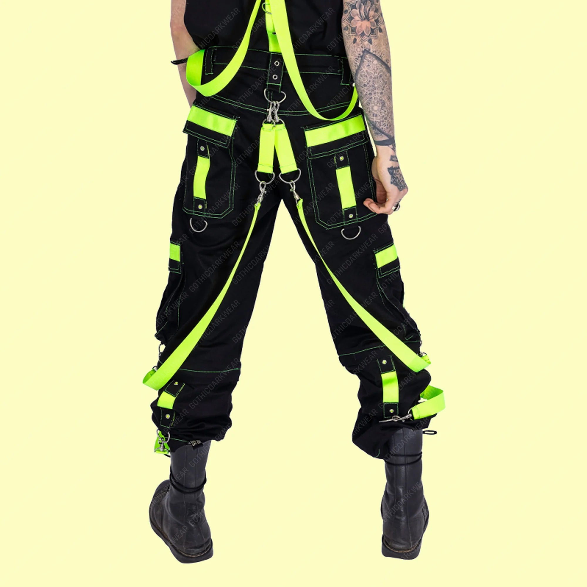 Men Gothic Black Cargo Trip Pants | Eternal Cyber Goth Pant with Buckle Strap and D-Ring Hook