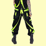 Men Gothic Black Cargo Trip Pants | Eternal Cyber Goth Pant with Buckle Strap and D-Ring Hook