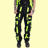 Men Gothic Black Cargo Trip Pants | Eternal Cyber Goth Pant with Buckle Strap and D-Ring Hook
